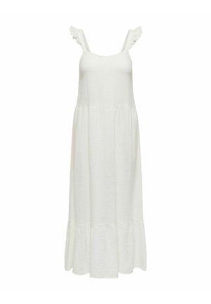 Hvit midikjole uten ermer med rysjede skulderstropper og en innsvingt nederkant.