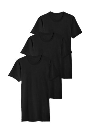 Drie zwarte t-shirts met korte mouwen en ronde hals gemaakt van zacht materiaal, met een gladde textuur en een standaard pasvorm.