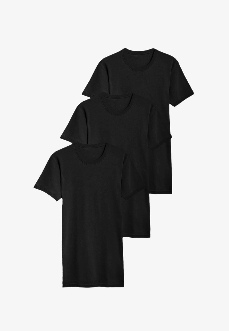 Tre sorte kortærmede T-shirts med rund hals, fremstillet af blødt stof, med en glat tekstur og standard slim-fit design.