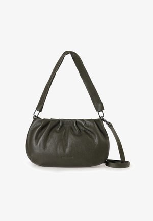 Borsa a mano in pelle verde oliva con design arricciato, forma strutturata, manico corto e tracolla staccabile. Superficie texturizzata con un delicato luccichio.