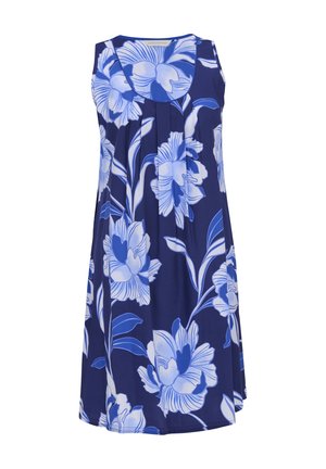 Robe sans manches bleu marine avec grand imprimé floral bleu clair et blanc et encolure ronde, conçue pour un usage décontracté.