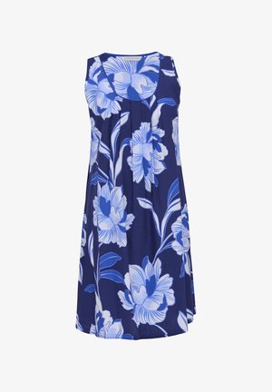 Robe sans manches bleu marine avec grand imprimé floral bleu clair et blanc et encolure ronde, conçue pour un usage décontracté.