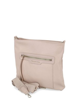 Lichtbeige crossbodytas met voorvak met ritssluiting, afneembare brede stoffen band en zilverkleurige hardware details.