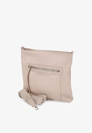 Lichtbeige crossbodytas met voorvak met ritssluiting, afneembare brede stoffen band en zilverkleurige hardware details.