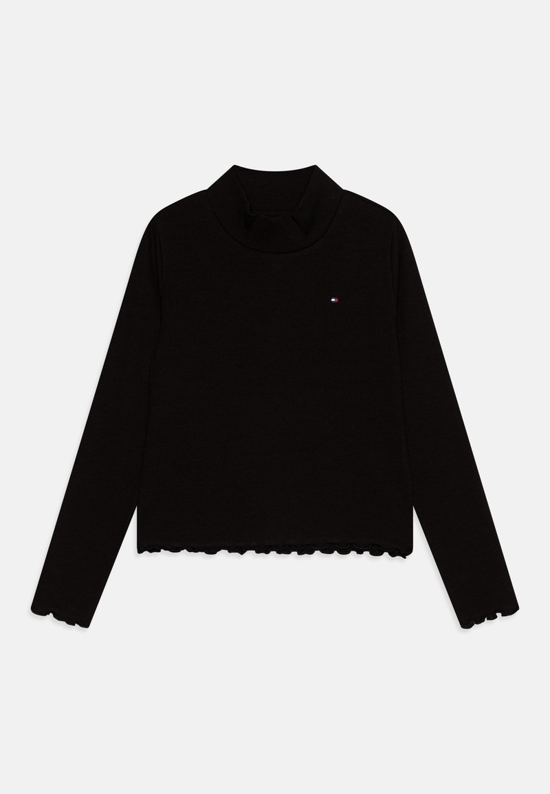 Czarna prążkowana bluzka z długim rękawem i golfem, z falistym wykończeniem na krawędziach oraz małym haftowanym logo po lewej stronie klatki piersiowej.