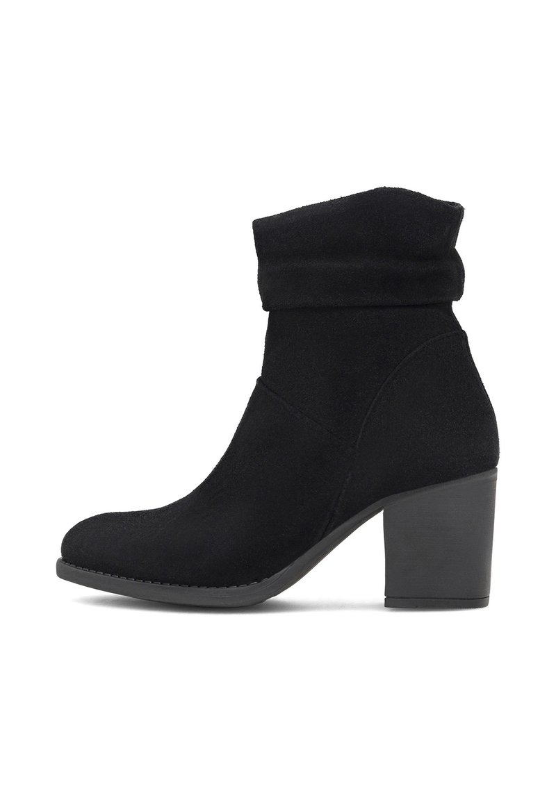 Čierne členkové čižmy so sklopeným zvrškom, vyrobené z materiálu podobného semišu, s blokovým podpätkom a hladkým zaobleným prstom. S detailom textúrovaného povrchu.