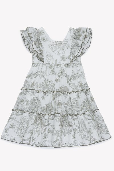 Vit blommig klänning med grön broderi, med volangärmar och lagerdesign. Lättviktig tyg och kontrasterande kantdetaljer.