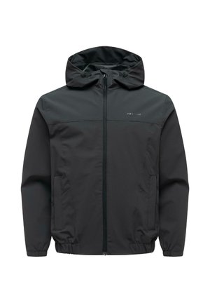 Czarna kurtka z kapturem na zamek, wyposażona w przednie kieszenie, elastyczne mankiety i dół, oraz subtelne logo na lewej piersi.