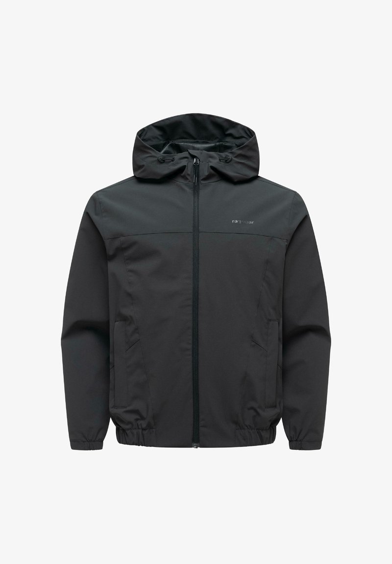 Schwarze Kapuzenjacke mit Reißverschluss, Fronttaschen, elastischen Bündchen und Saum sowie unauffälligem Logo auf der linken Brust.