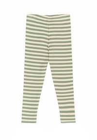 Csíkos leggings bordás anyagból, váltakozó zöld és krémszínű, vízszintes csíkokkal. Rugalmas derékrész, testhezálló fazon.