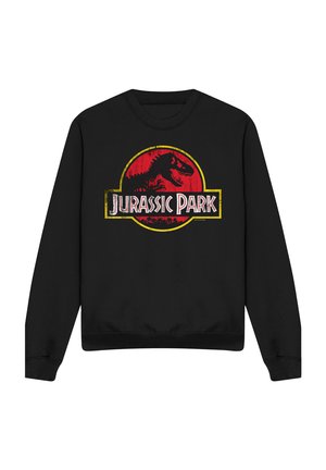Black crewneck sweatshirt with a red and yellow Jurassic Park logo featuring a T-Rex silhouette on the front.
