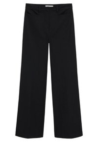Czarne spodnie z szerokimi nogawkami, z pętelkami na pasek i kieszeniami bocznymi, z płaskim przodem i prostym krojem od talii do dołu.