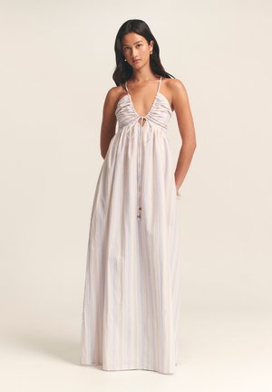 Gestreepte, enkellange jurk in pastelkleuren met een diepe V-hals, geraffineerde lijfje en een verstelbare strik in de taille. Lichtgewicht stof.