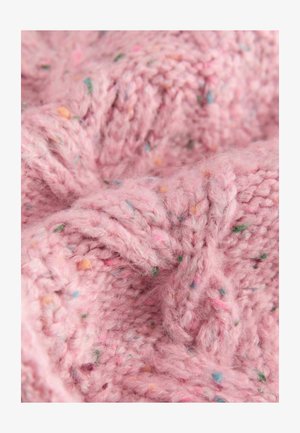 Švelnus rožinės spalvos kabelių mezginys, su spalvingais taškais. Audinys atrodo pūkuotas ir šiltas su storu, jaukiu dizainu.