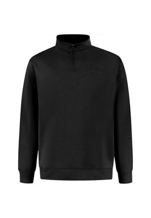 Zwarte pullover sweatshirt met een hoge kraag, kwart-rits aan de voorkant, geribbelde manchetten en zoom. Het materiaal lijkt zacht en heeft een subtiele textuur.