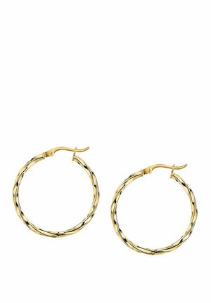 Goldene, gedrehte Creolenohrringe mit strukturiertem Finish und Klappverschluss. Jede Creole ist kreisförmig und weist ein spiralförmiges Muster für zusätzlichen Detailreichtum auf.