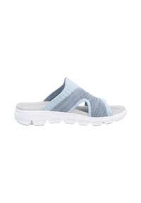 Light blue and gray slide sandal with a textured fabric upper, wide straps crossing over the foot, and a white cushioned sole.