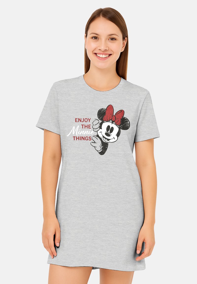 Abito t-shirt in cotone grigio con grafica di Minnie Mouse che indossa un fiocco rosso e la scritta “ENJOY THE MINNIE THINGS” in rosso e nero.
