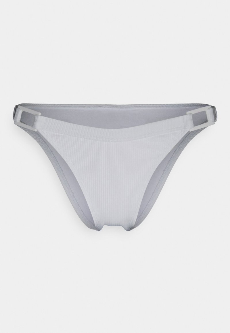 Fundo de bikini cinza canelado com laterais ajustáveis, textura suave e um corte clássico para conforto e ajuste.