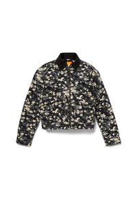 Giubbotto in denim a fiori neri con colletto in velluto a coste, dotato di zip frontale e due tasche sul petto.