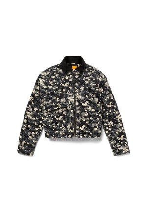 Schwarze Jeansjacke mit Blumenmuster und einem Cordkragen, ausgestattet mit einem Frontreißverschluss und zwei Brusttaschen.