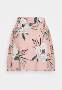 Gonna floreale in tessuto rosa con motivi di peonie bianche e verdi. Presenta una vita elasticizzata per il comfort e una forma svasata.