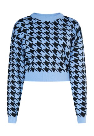 Sininen ja musta lyhyt neulepaita, jossa on houndstooth-kuvio, neulottu pinta, ribbaattu kaulus ja hihansuut, pitkät hihat.