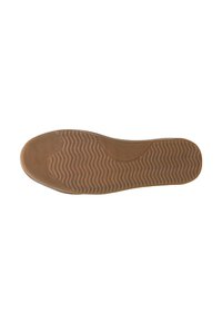 Brown rubber shoe sole with wave and linear tread patterns for grip, shown from the bottom on a white background.
