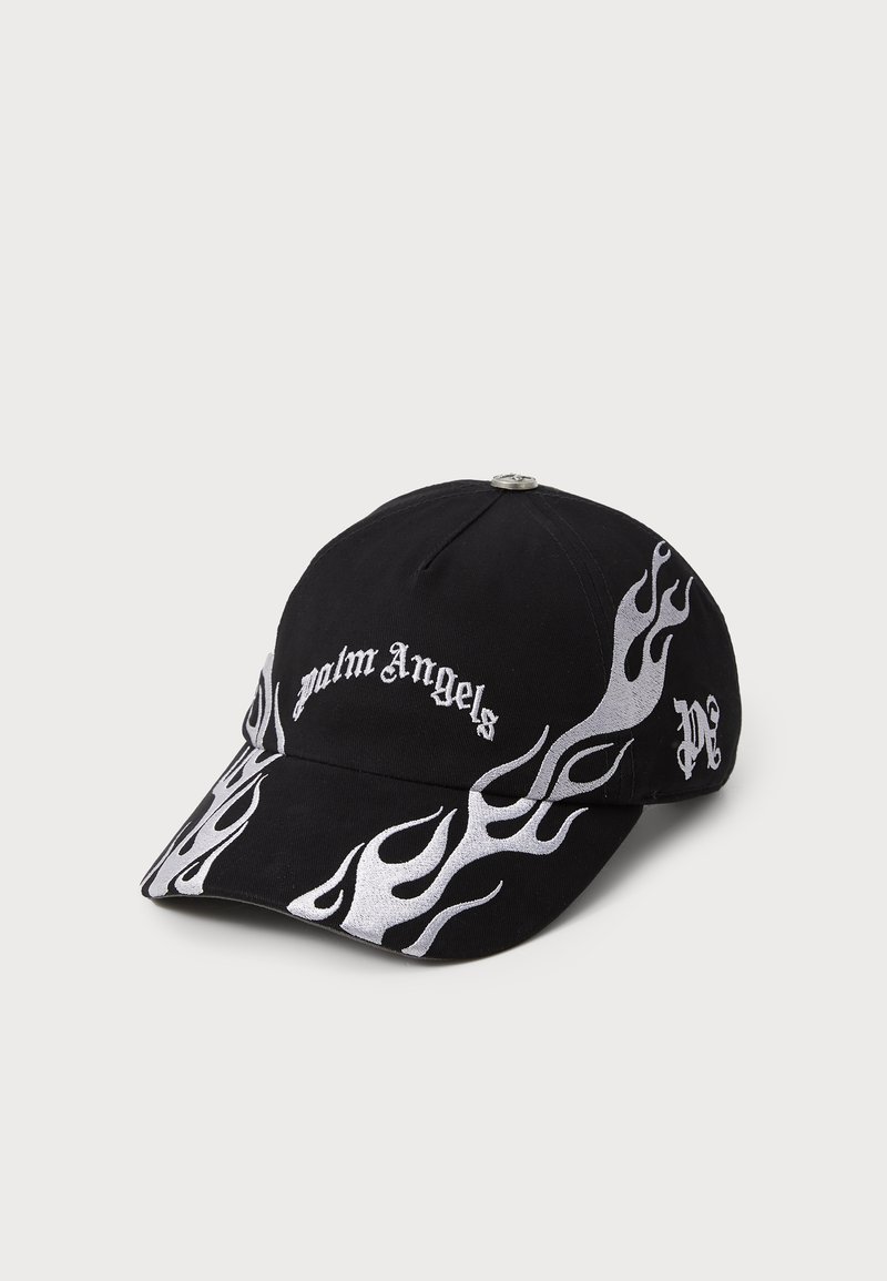 Black cotton cap featuring silver flame graphics and "palm Angels" text in a decorative font on the front panel. Structured design, adjustable strap.