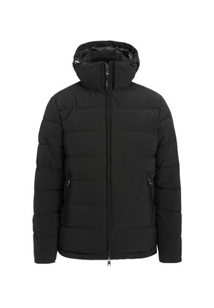 Giacca a vento nera con colletto alto, chiusura con cerniera e due tasche laterali. Presenta un design trapuntato e una superficie esterna liscia.