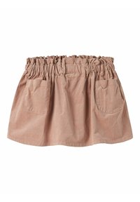 Jupe en velours côtelé marron clair avec taille élastique froncée et deux poches plaquées à l'avant, étalée à plat sur un fond blanc.