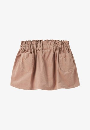 Jasnobrązowa spódnica sztruksowa z marszczonym, elastycznym pasem i dwoma naszywanymi kieszeniami z przodu, ułożona na płasko na białym tle.