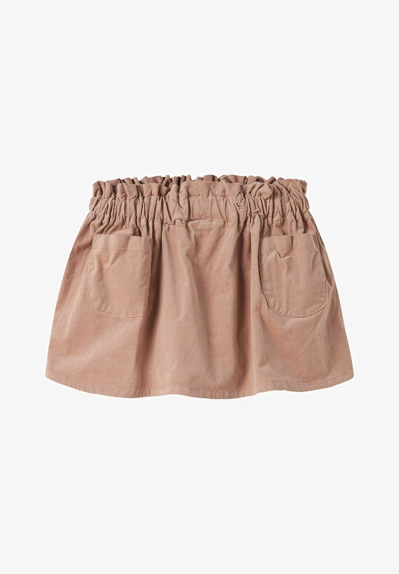 Jupe en velours côtelé marron clair avec taille élastique froncée et deux poches plaquées à l'avant, étalée à plat sur un fond blanc.