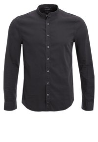 Camicia nera a maniche lunghe con colletto alla coreana, realizzata in tessuto morbido, con bottoni sul davanti e una vestibilità slim.