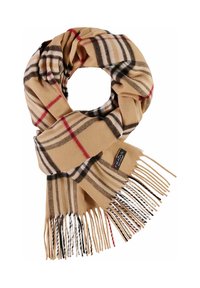 Sciarpa a scacchi beige realizzata in materiale morbido, con un classico motivo a quadri in nero, marrone e rosso, con bordi frangiati e un'etichetta del marchio.