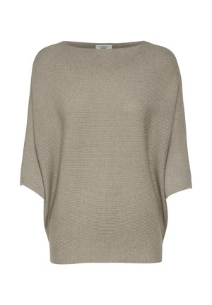 Beżowy sweter dzianinowy z szerokim dekoltem w łódkę, krótkimi rękawami i luźnym, swobodnym krojem. Poziomy prążkowany wzór w całej dzianinie.