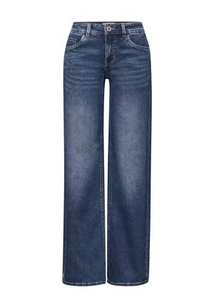 Blaue Jeans mit weitem Bein aus Denim, vorne mit Knöpfen und Reißverschluss, mit Fronttaschen und dezenter Waschung an den Oberschenkeln.