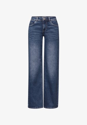 Blaue Jeans mit weitem Bein aus Denim, vorne mit Knöpfen und Reißverschluss, mit Fronttaschen und dezenter Waschung an den Oberschenkeln.