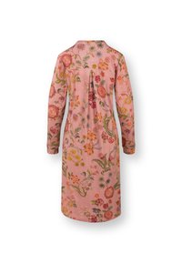 Roze linnen jurk met lange mouwen en bloemenborduurwerk, voorzien van een kraag, een achterploo en verschillende kleurrijke bloemenpatronen.