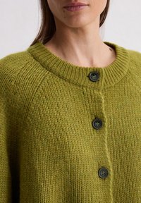 Cardigan verde lavorato a maglia con colletto a coste, dotato di tre bottoni neri e un tessuto texturizzato e accogliente. Dettaglio ravvicinato del girocollo e dei bottoni.