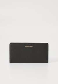 Black leather wallet with a textured finish, featuring a gold embossed logo on the front and a rectangular shape.