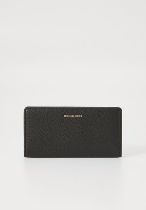Black leather wallet with a textured finish, featuring a gold embossed logo on the front and a rectangular shape.