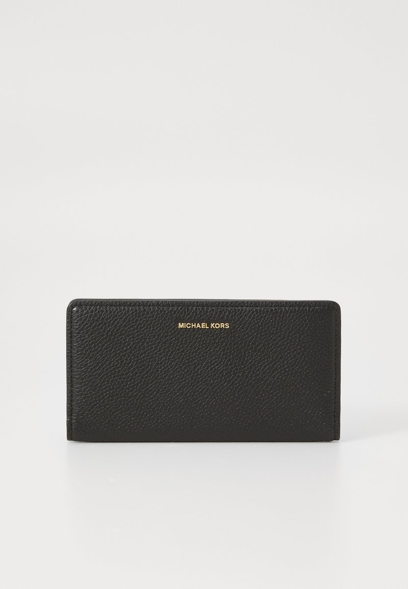Black leather wallet with a textured finish, featuring a gold embossed logo on the front and a rectangular shape.