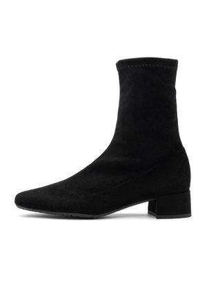 Black suede ankle boot with a pointed toe, slim block heel, and stitched detailing at the top, featuring a sleek and minimalist design.