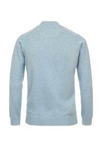 Hellblauer Pullover aus weichem Stoff mit langen Ärmeln, rundem Ausschnitt sowie Bündchen und Saum mit Rippstruktur. Einfaches, glattes Gewebe.