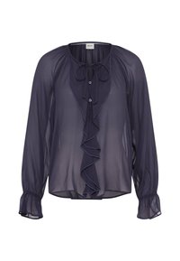 Blusa a maniche lunghe blu navy realizzata in tessuto trasparente, con un dettaglio arricciato sul davanti, collo a fiocco e chiusura con bottoni. Spalle arricciate e maniche a palloncino.