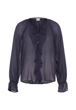 Navy blue long-sleeve blouse made of sheer fabric with a ruffled front detail, tie neck, and button closure. Gathered shoulders and puffed sleeves.