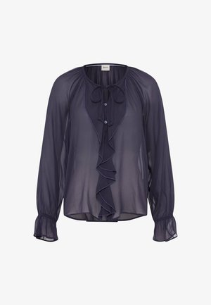 Himmelblaue langärmlige Bluse aus transparenter Stoff mit Rüschendetail vorne, Bindeband am Hals und Knopfverschluss. Geraffte Schultern und gepuffte Ärmel.