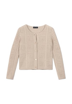 Beige gestrickte Strickjacke mit quadratischem, durchlöchertem Muster, rundem Ausschnitt, langen Ärmeln und fünf Knöpfen vorne.