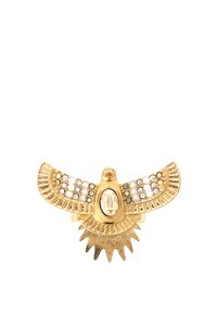 Gold ring shaped like a bird with raised wings. Features clear stones and intricate detailing. Measures approximately 2 inches wide.